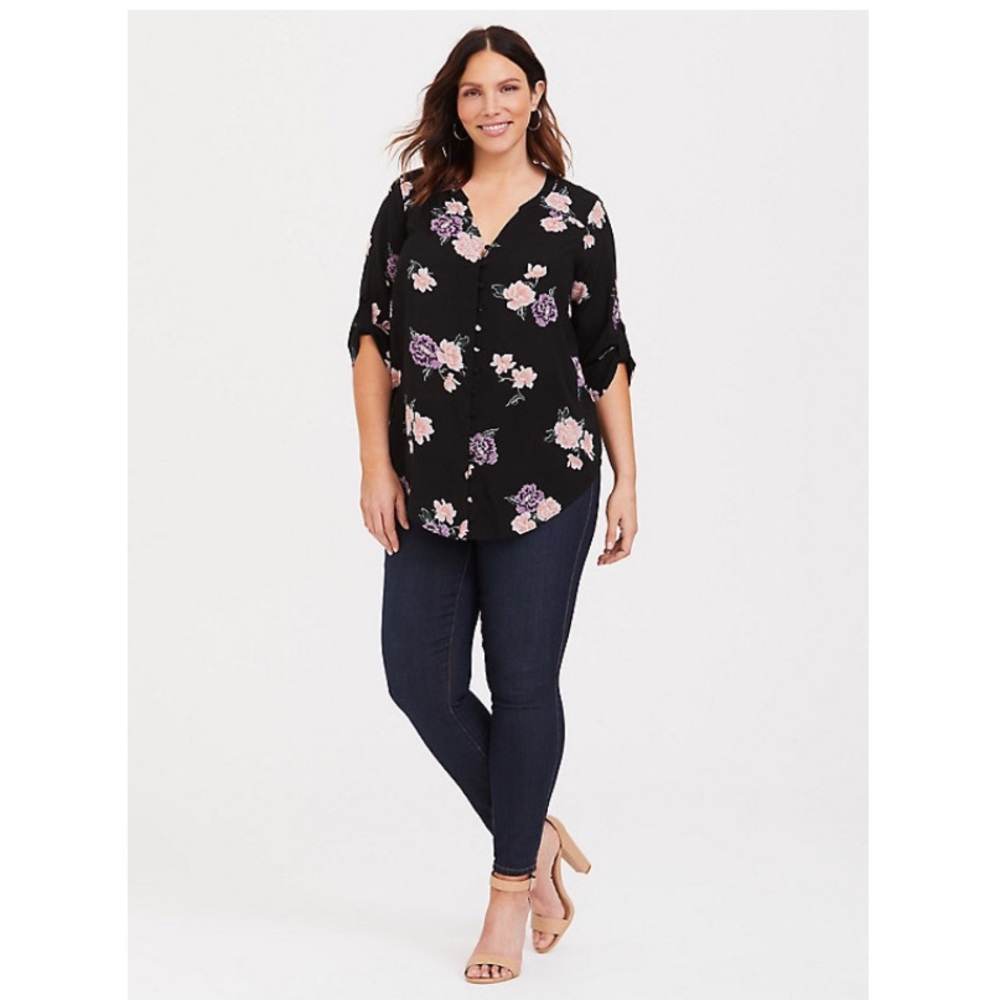 Torrid Harper Floral Bunches Challis Tie Sleeve Blouse